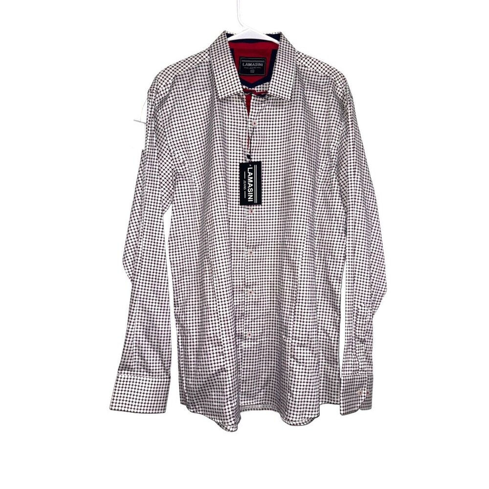 Lamasini Mens Red & White Checkered Button-Up Shirt XL 100% Cotton Long Sleeve
